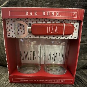 NIB Rae Dunn America Beer Glasses and bottle Opener Set